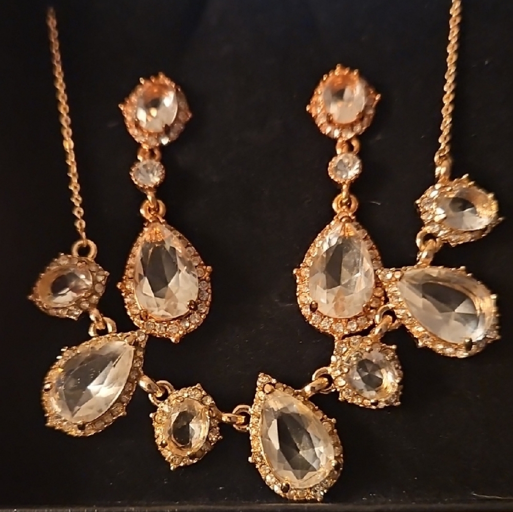Elegant Rose Gold and Rhinestone Jewelry Set Necklace And Earrings Wedding Prom